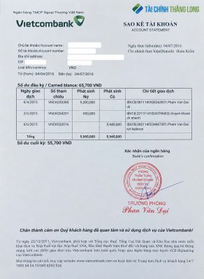 Sao kê ngân hàng.