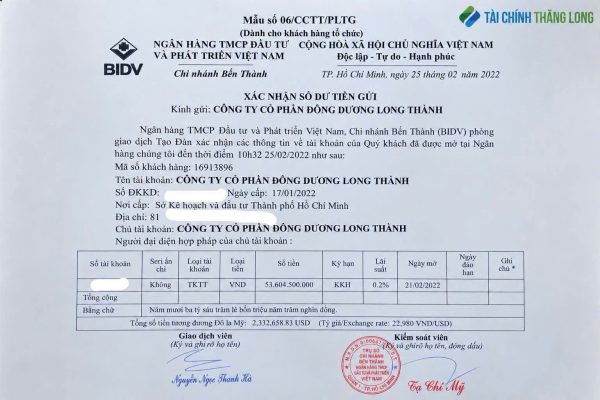 Mẫu giấy xác nhận số dư tài khoản doanh nghiệp do ngân hàng cấp.